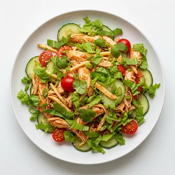Tangy tomato chicken salad with ginger scallions and sesame cucumber
